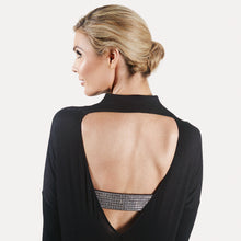 Load image into Gallery viewer, Blonde woman wearing openback black top with sequins in silver bra strap cover